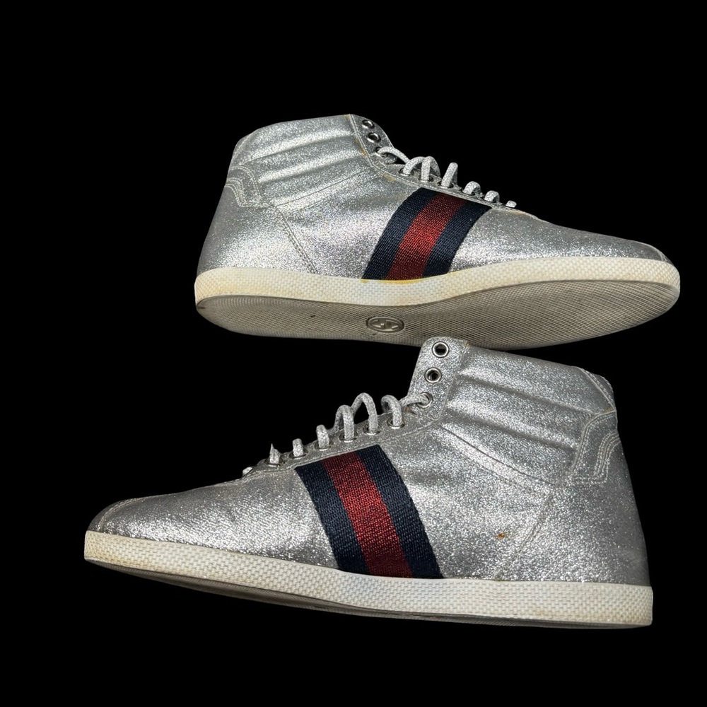 Gucci Bambi Silver Glitter High Top Sneakers EU38 Web Stripe Italy Luxury - Picture 8 of 9